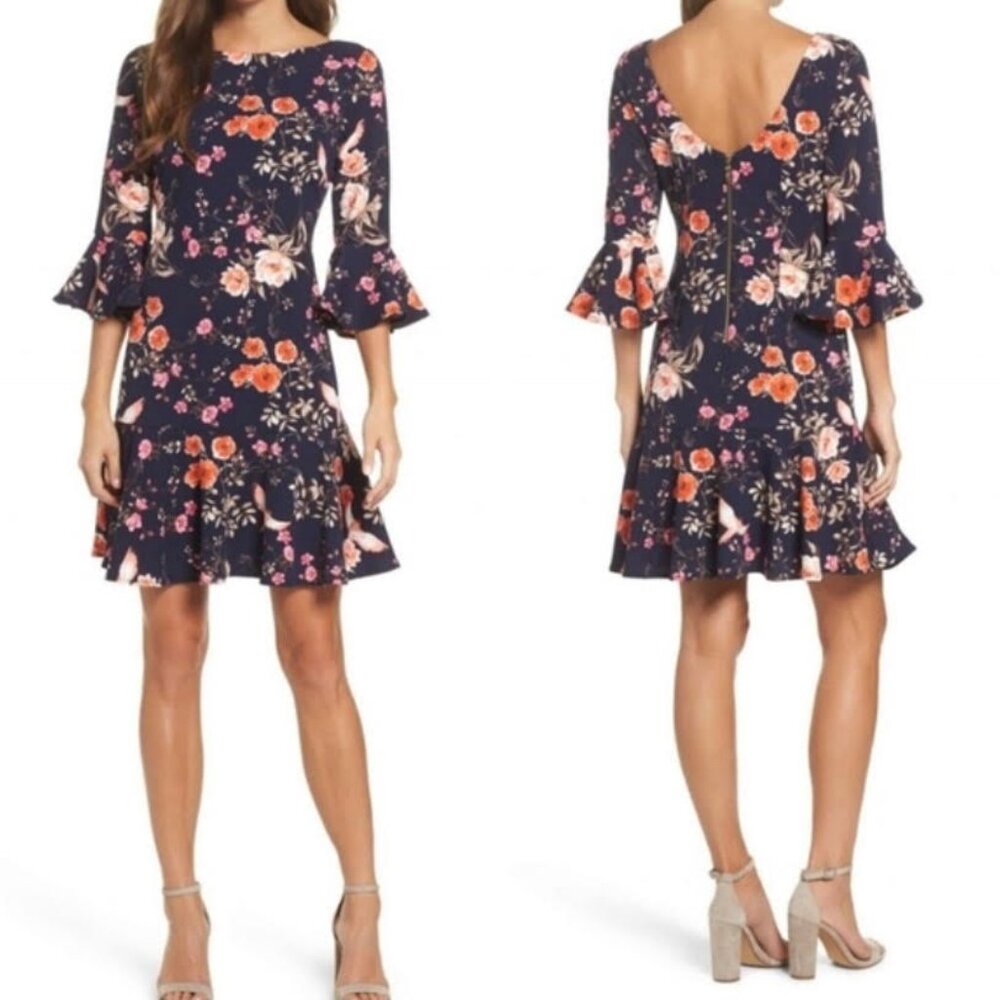 Eliza J Flounce Dress Sz 12 Womans Navy Blue Floral 3/4 Bell Sleeve Stretch Knit